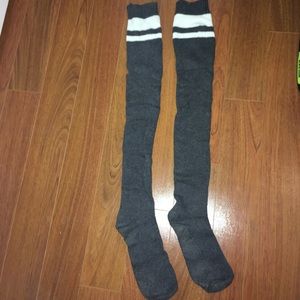 Over the knee grey and white striped socks